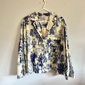 NWT Johnny Was Toile Print Button-Up Shirt in Cream and Navy, XL